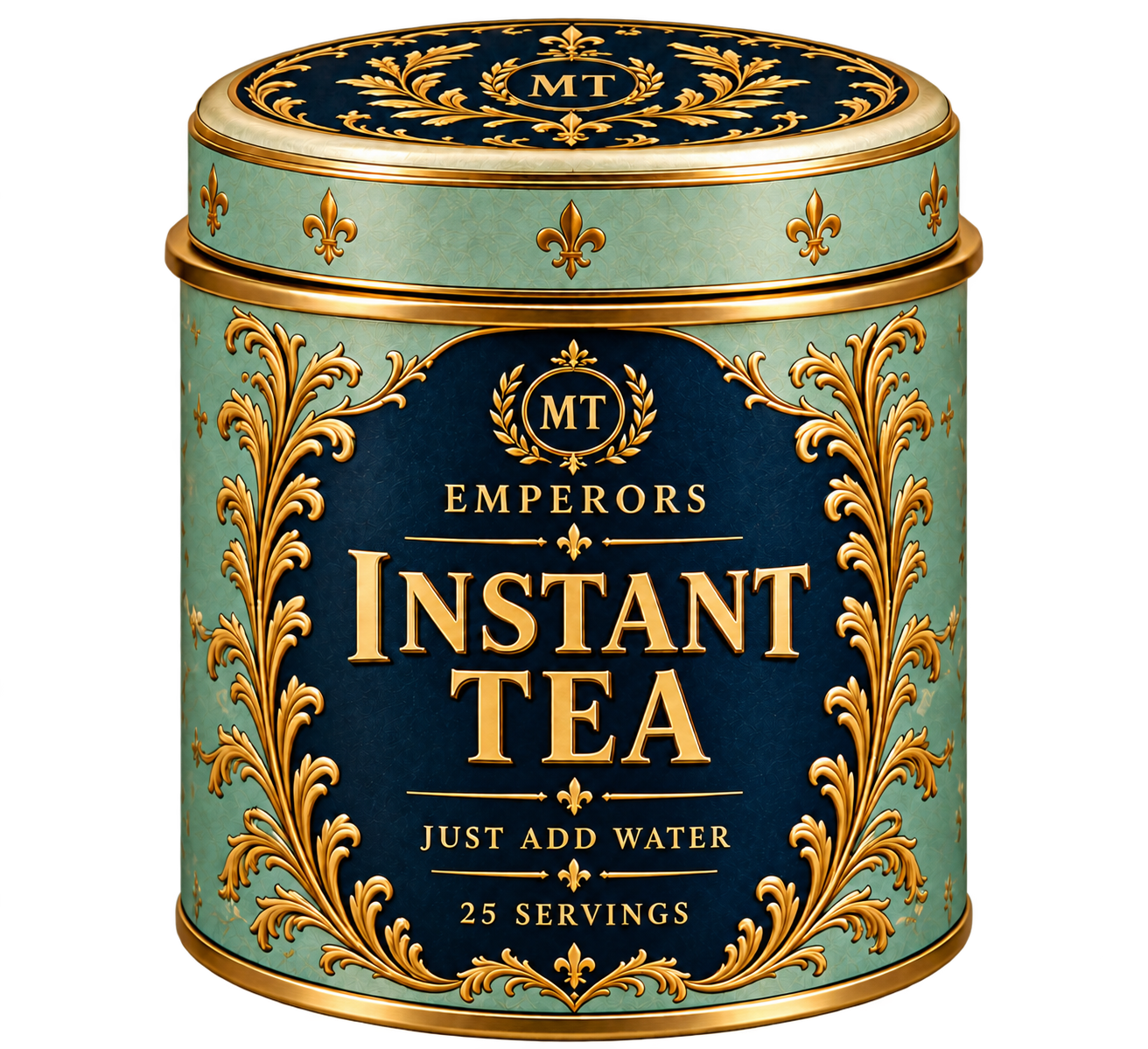 Emperors instant tea in a mint green, navy and gold tin